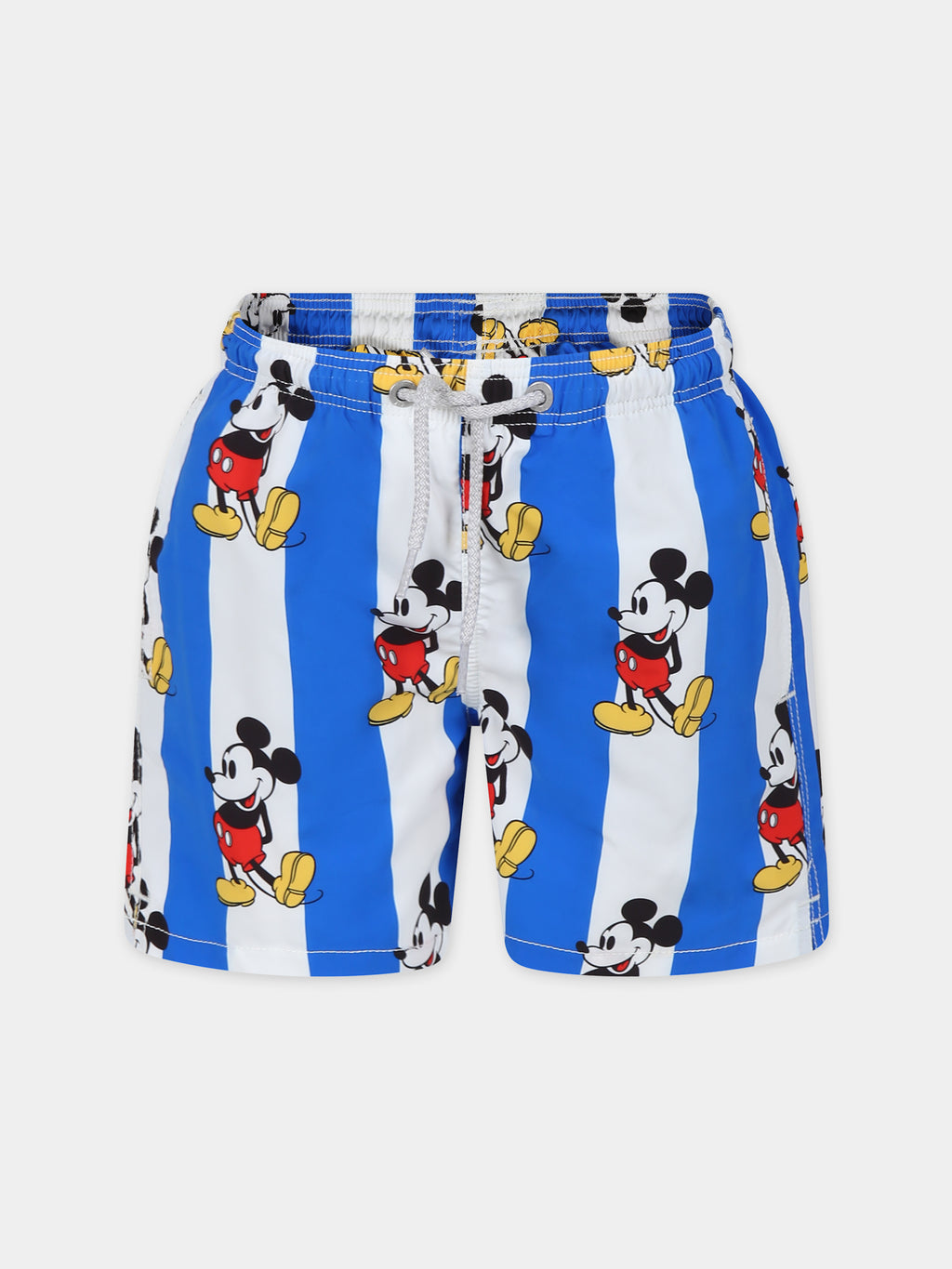 Light blue swim shorts for boy with Mickey Mouse print and logo